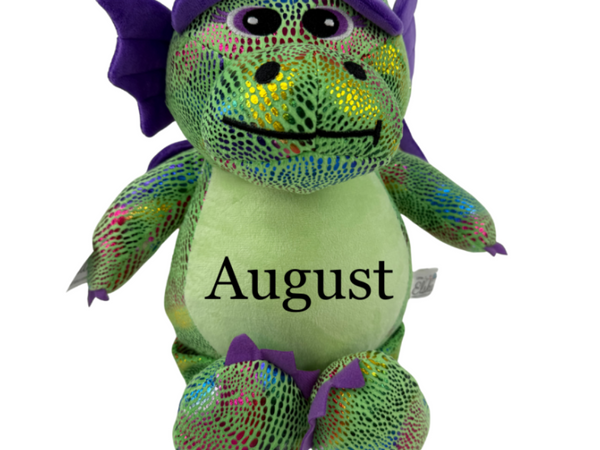 Personalized green stuffed dragon with name August, perfect keepsake baby gift and photo prop.
