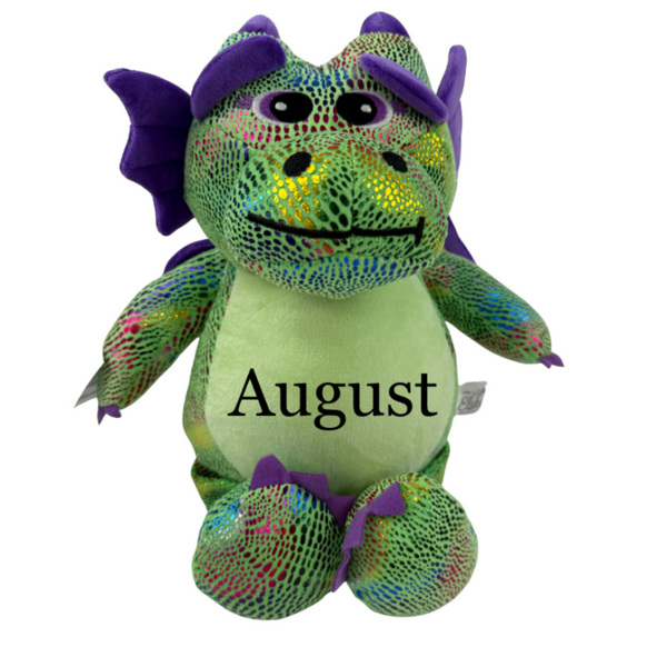 Personalized green stuffed dragon with name August, perfect keepsake baby gift and photo prop.