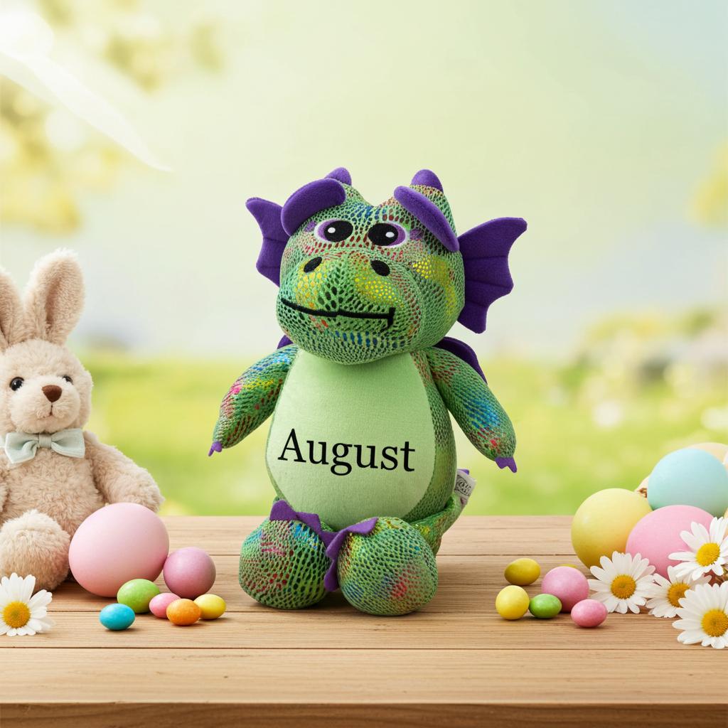 Green dragon plush toy with 'August' embroidered in purple. 