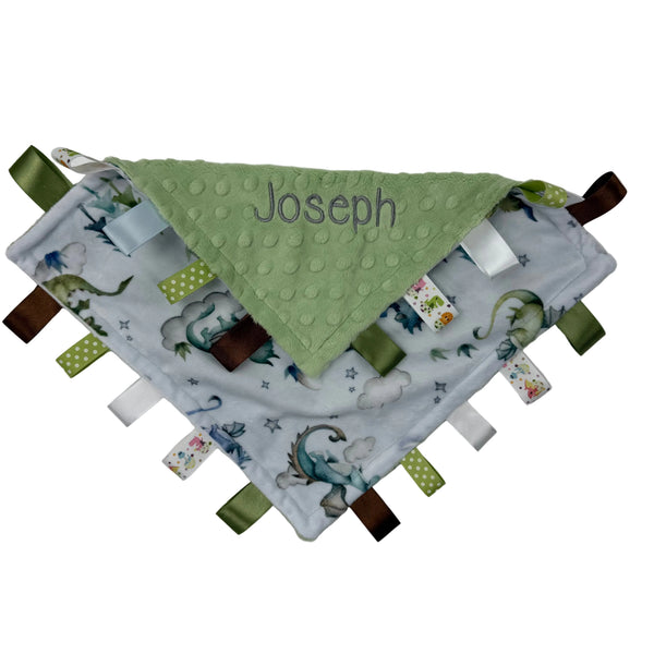 Fabric tag lovey blanketwith 'Joseph' embroidered on a green background