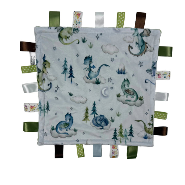 Minky tag lovey blanket with dragon pattern with satin tags