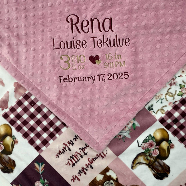 Minky Baby Blanket, Dusty Pink Western Cowgirl Design with Birth Stats