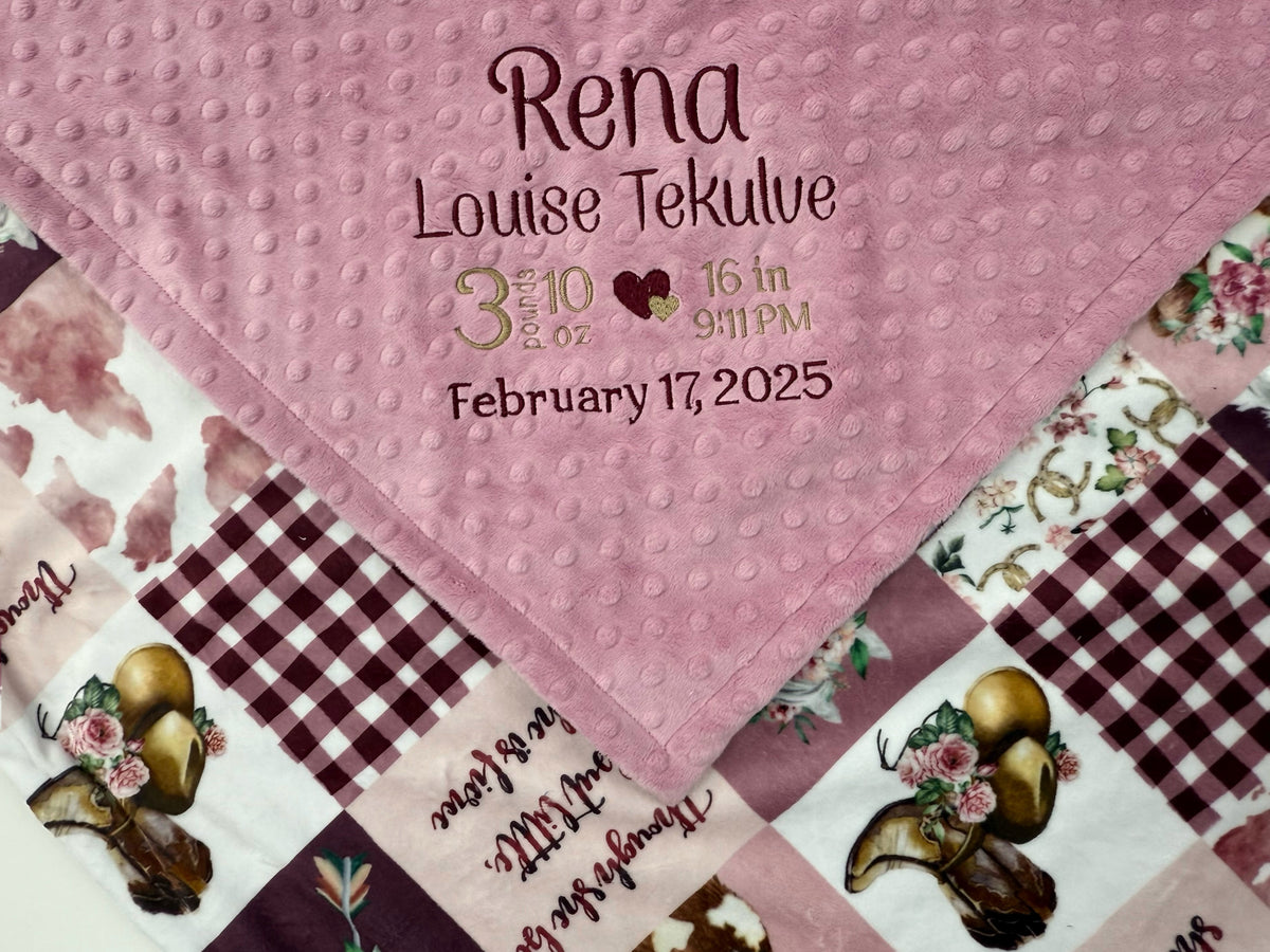 Minky Baby Blanket, Dusty Pink Western Cowgirl Design with Birth Stats
