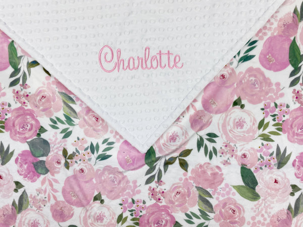 Personalized Baby Blanket, White with Pink Flowers Minky, Plush Newborn Baby Blanket, Keepsake Gift for Girls, Embroidered Name Blanket