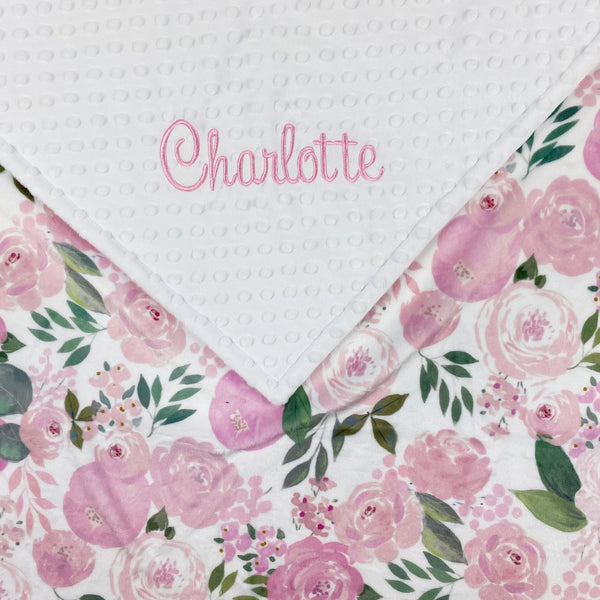 Personalized Baby Blanket, White with Pink Flowers Minky, Plush Newborn Baby Blanket, Keepsake Gift for Girls, Embroidered Name Blanket