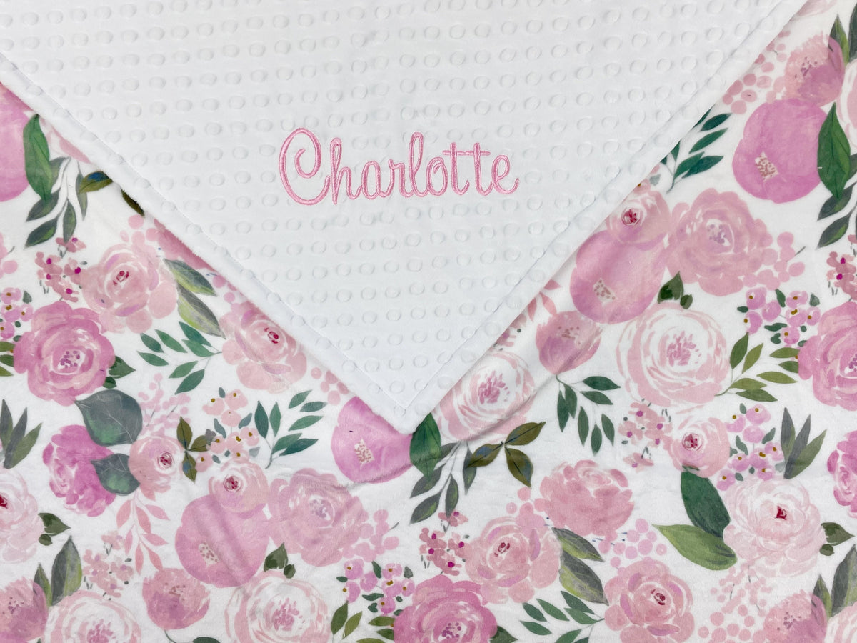 Personalized Baby Blanket, White with Pink Flowers Minky, Plush Newborn Baby Blanket, Keepsake Gift for Girls, Embroidered Name Blanket