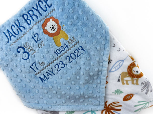 Personalized Baby Blanket, Blue Minky, Zoo Animals Nursery, Jungle Friends, Birth Stats and Lion, Custom Blanket, Baby Gift for Grandson
