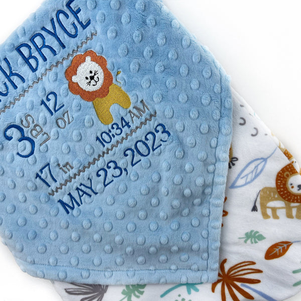 Personalized Baby Blanket, Blue Minky, Zoo Animals Nursery, Jungle Friends, Birth Stats and Lion, Custom Blanket, Baby Gift for Grandson