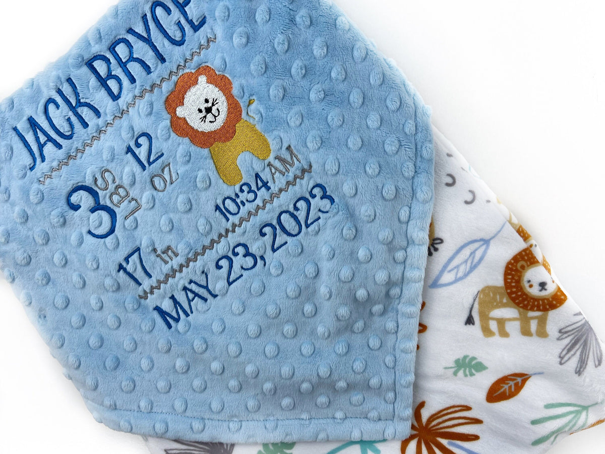 Personalized Baby Blanket, Blue Minky, Zoo Animals Nursery, Jungle Friends, Birth Stats and Lion, Custom Blanket, Baby Gift for Grandson