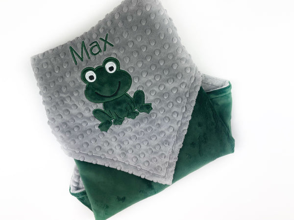 Frog Baby Blanket, Green and Gray Minky, Embroidered Name or Birth Stats, Plush Keepsake Gift, Personalized Gift for Baby