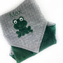 Frog Baby Blanket, Green and Gray Minky, Embroidered Name or Birth Stats, Plush Keepsake Gift, Personalized Gift for Baby
