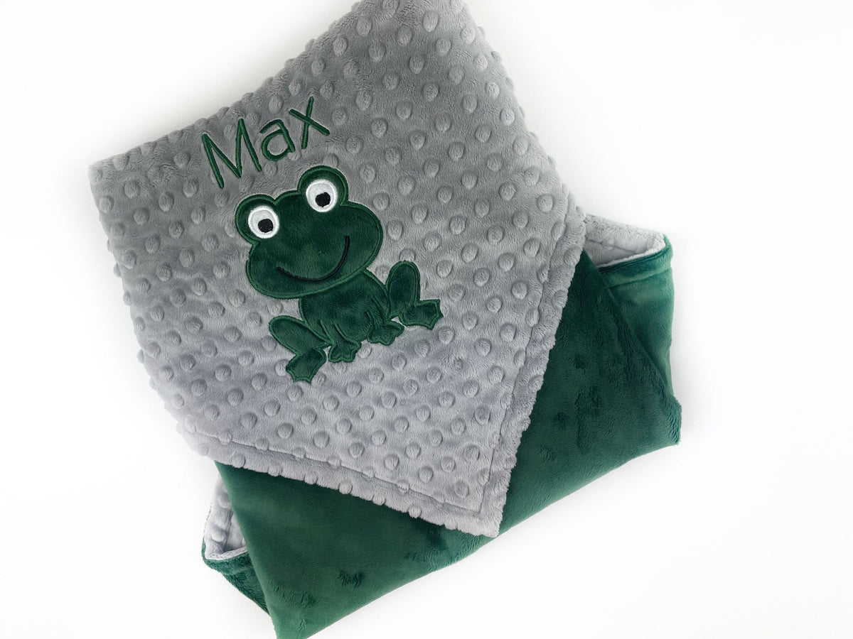 Frog Baby Blanket, Green and Gray Minky, Embroidered Name or Birth Stats, Plush Keepsake Gift, Personalized Gift for Baby