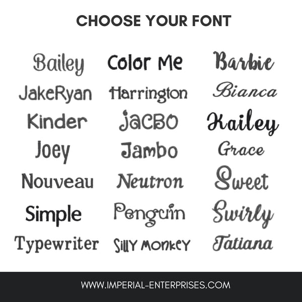 Selection of font styles for personalized gifts including Bailey, Barbie, and Simple options.