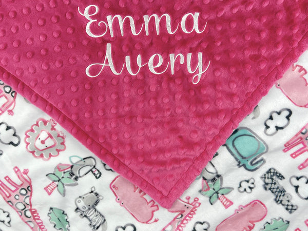 Personalized Minky Baby Blanket in Pink and Gray Safari Zoo Animals Minky with Name or Birth Stats, Newborn Baby Gift, Keepsake Gift