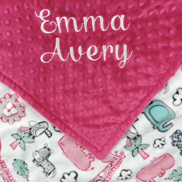 Personalized Minky Baby Blanket in Pink and Gray Safari Zoo Animals Minky with Name or Birth Stats, Newborn Baby Gift, Keepsake Gift