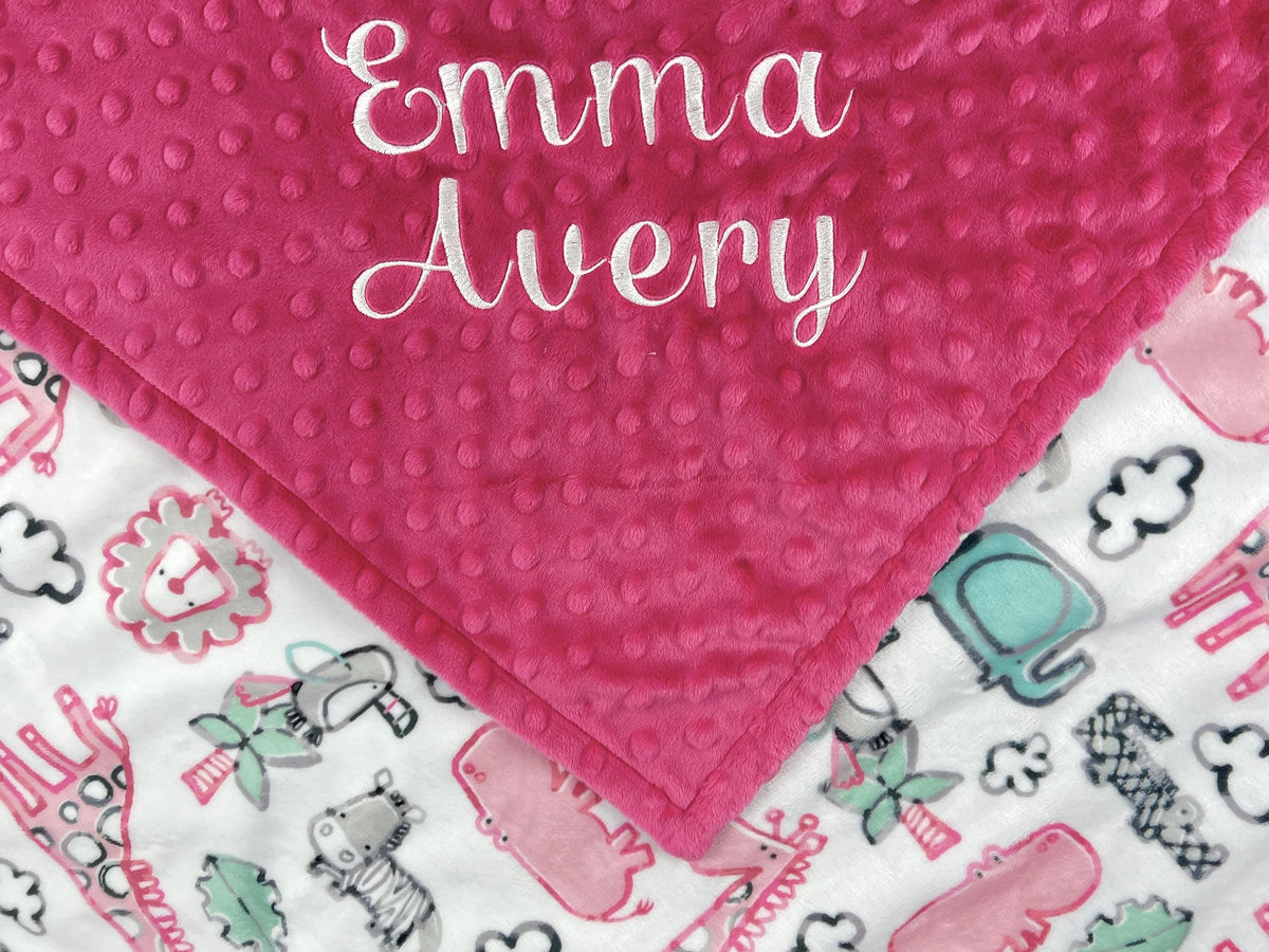 Personalized Minky Baby Blanket in Pink and Gray Safari Zoo Animals Minky with Name or Birth Stats, Newborn Baby Gift, Keepsake Gift