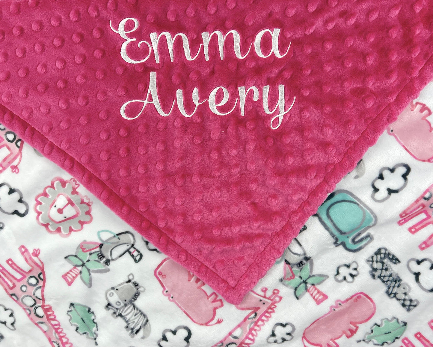 Personalized Minky Baby Blanket in Pink and Gray Safari Zoo Animals Minky with Name or Birth Stats, Newborn Baby Gift, Keepsake Gift