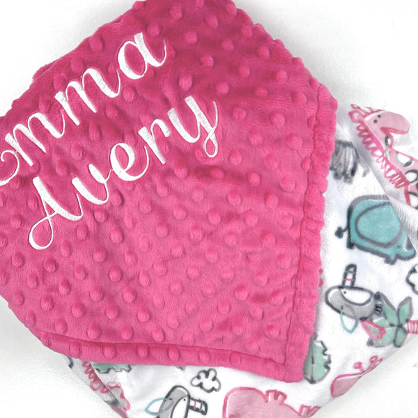 Personalized Minky Baby Blanket in Pink and Gray Safari Zoo Animals Minky with Name or Birth Stats, Newborn Baby Gift, Keepsake Gift