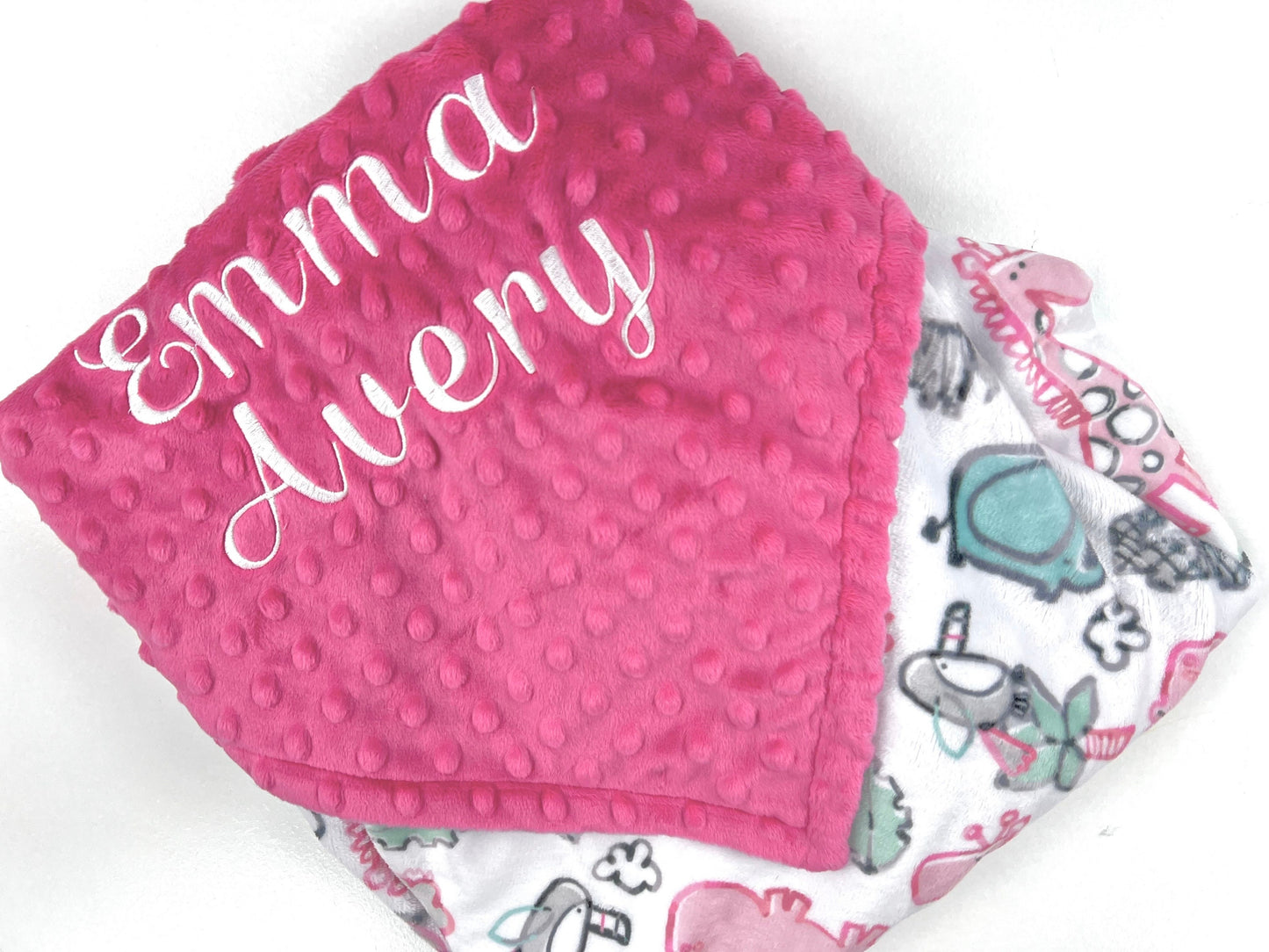 Personalized Minky Baby Blanket in Pink and Gray Safari Zoo Animals Minky with Name or Birth Stats, Newborn Baby Gift, Keepsake Gift