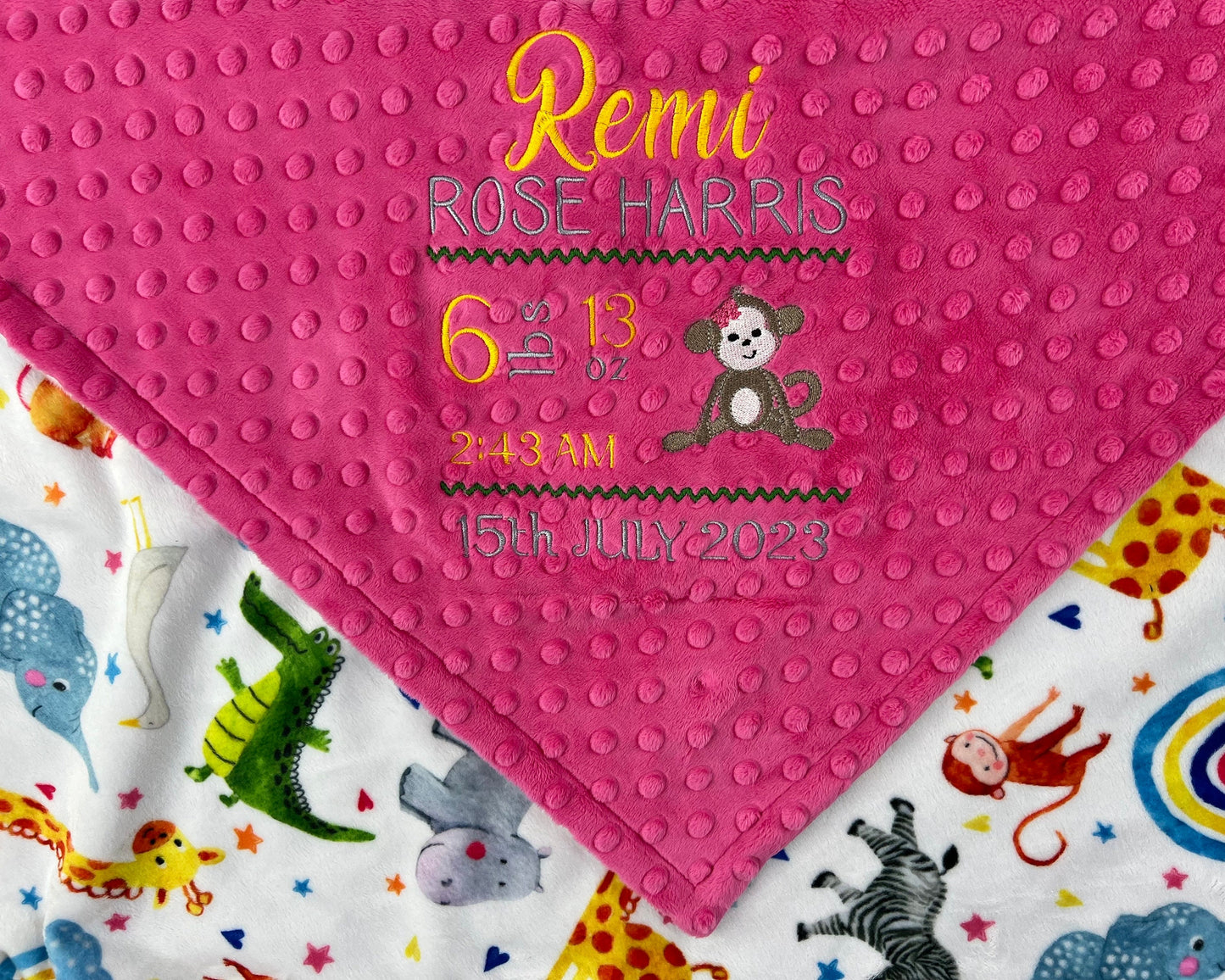 Personalized Minky Blanket in Fuchsia Pink, Embroidered Birth Stats and Monkey Design