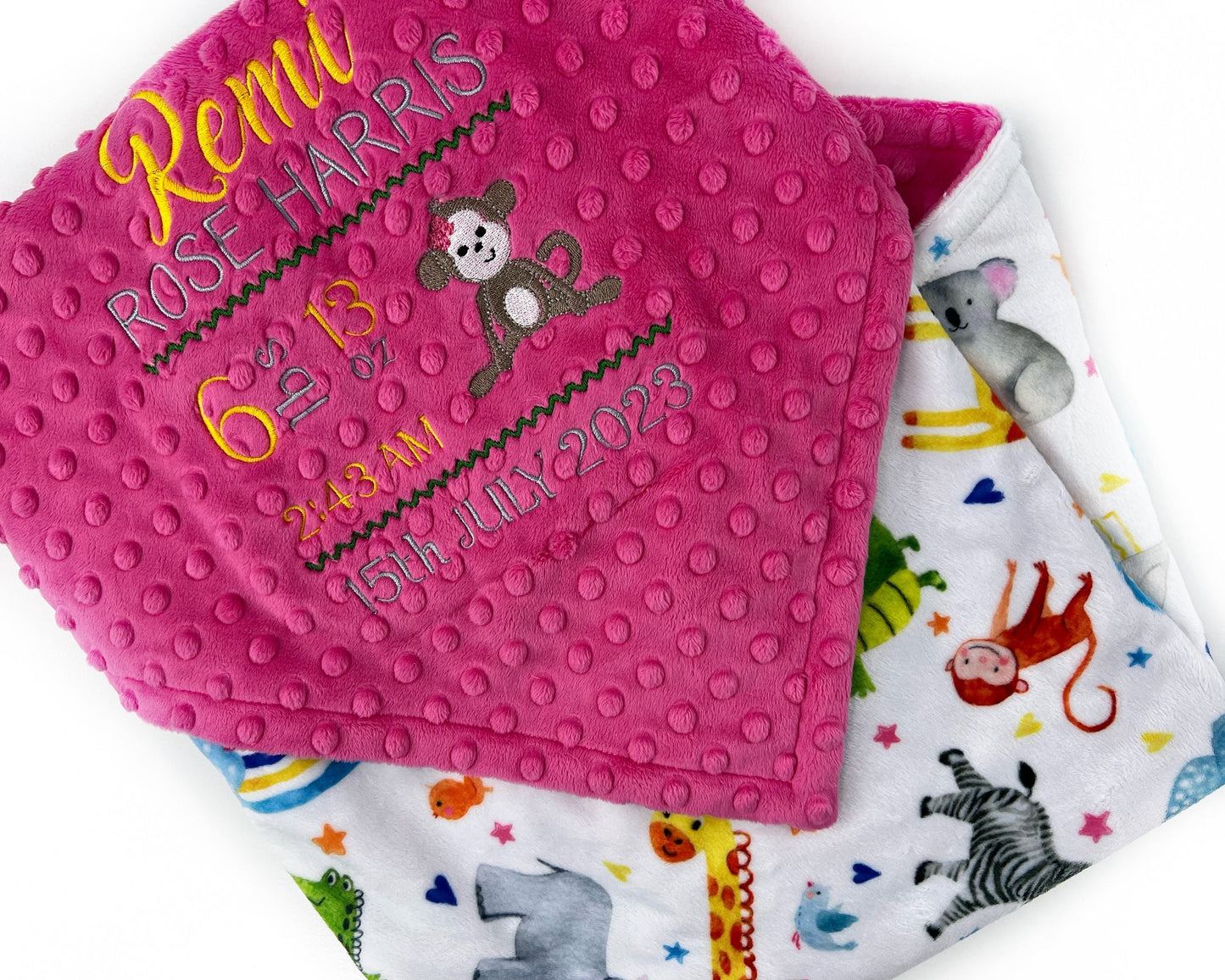 Personalized Minky Blanket in Fuchsia Pink, Embroidered Birth Stats and Monkey Design