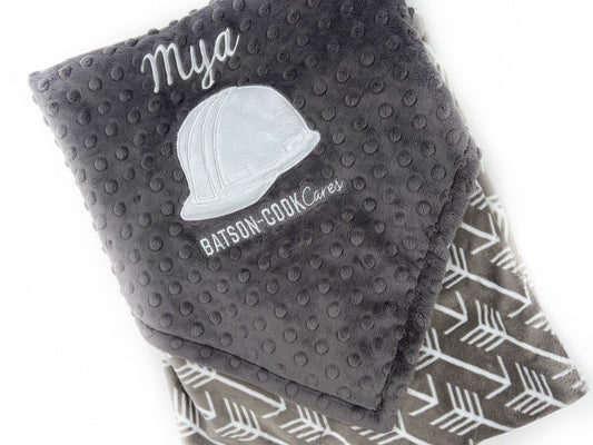 Minky Baby Blanket, Custom Made Logo Blanket, Grey White Minky Blanket, Hard Hat Appliqué Blanket, Business Logo Blanket for Employees