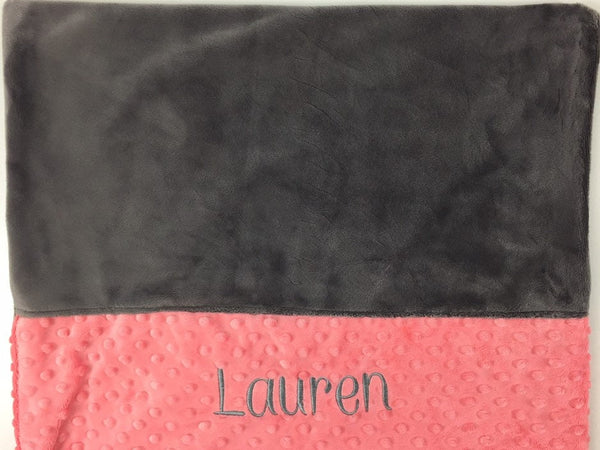 Personalized Minky Pillowcase, Gray and Coral Minky, Personalized Gift for Girls