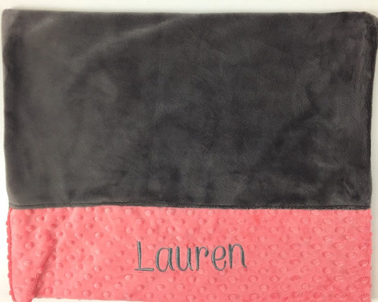 Personalized Minky Pillowcase, Gray and Coral Minky, Personalized Gift for Girls