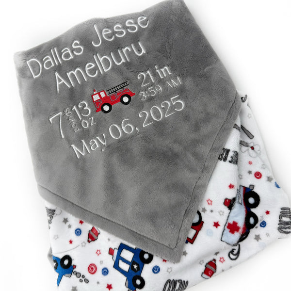 Personalized Baby Gray Fire Truck Blanket, Baby Birth Stats, Fire Trucks, Police Cars, Keepsake Baby Gift