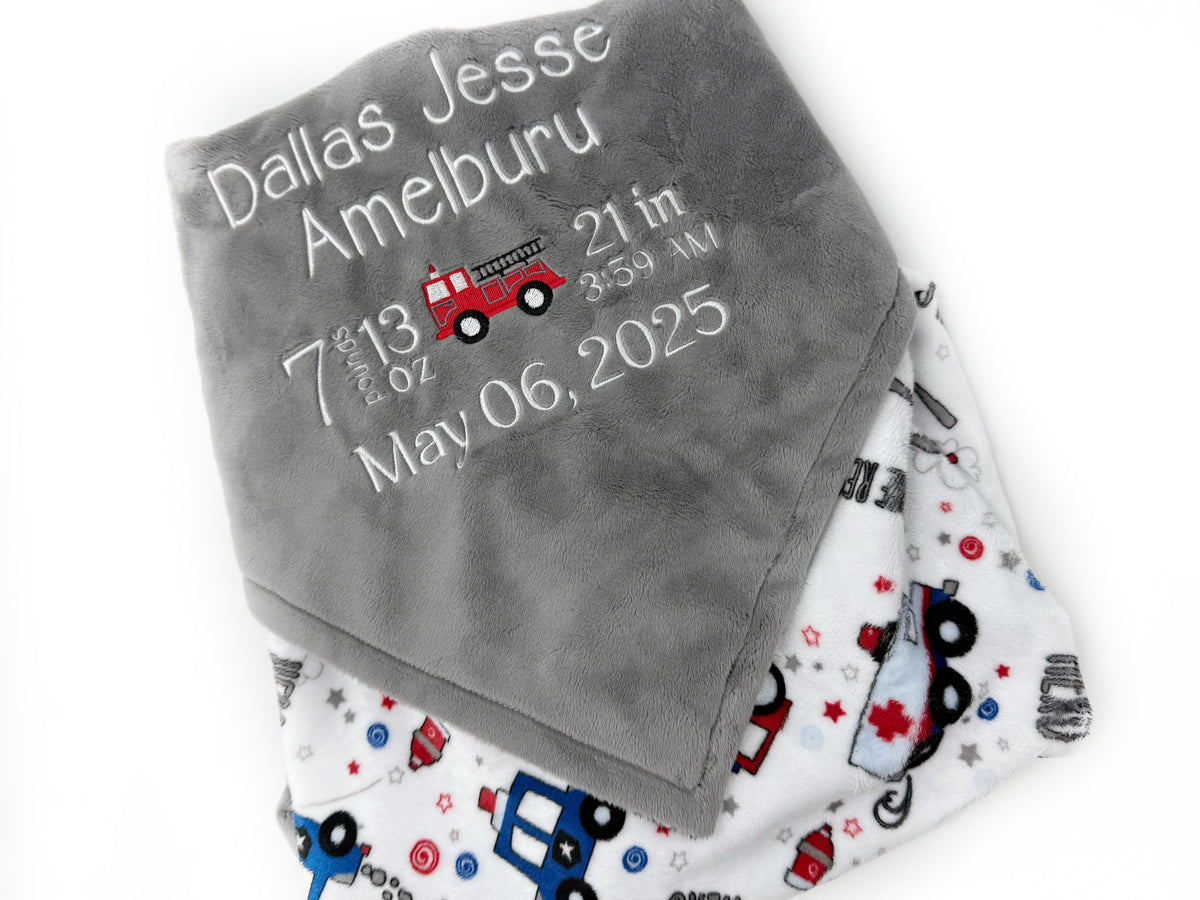 Personalized Baby Gray Fire Truck Blanket, Baby Birth Stats, Fire Trucks, Police Cars, Keepsake Baby Gift