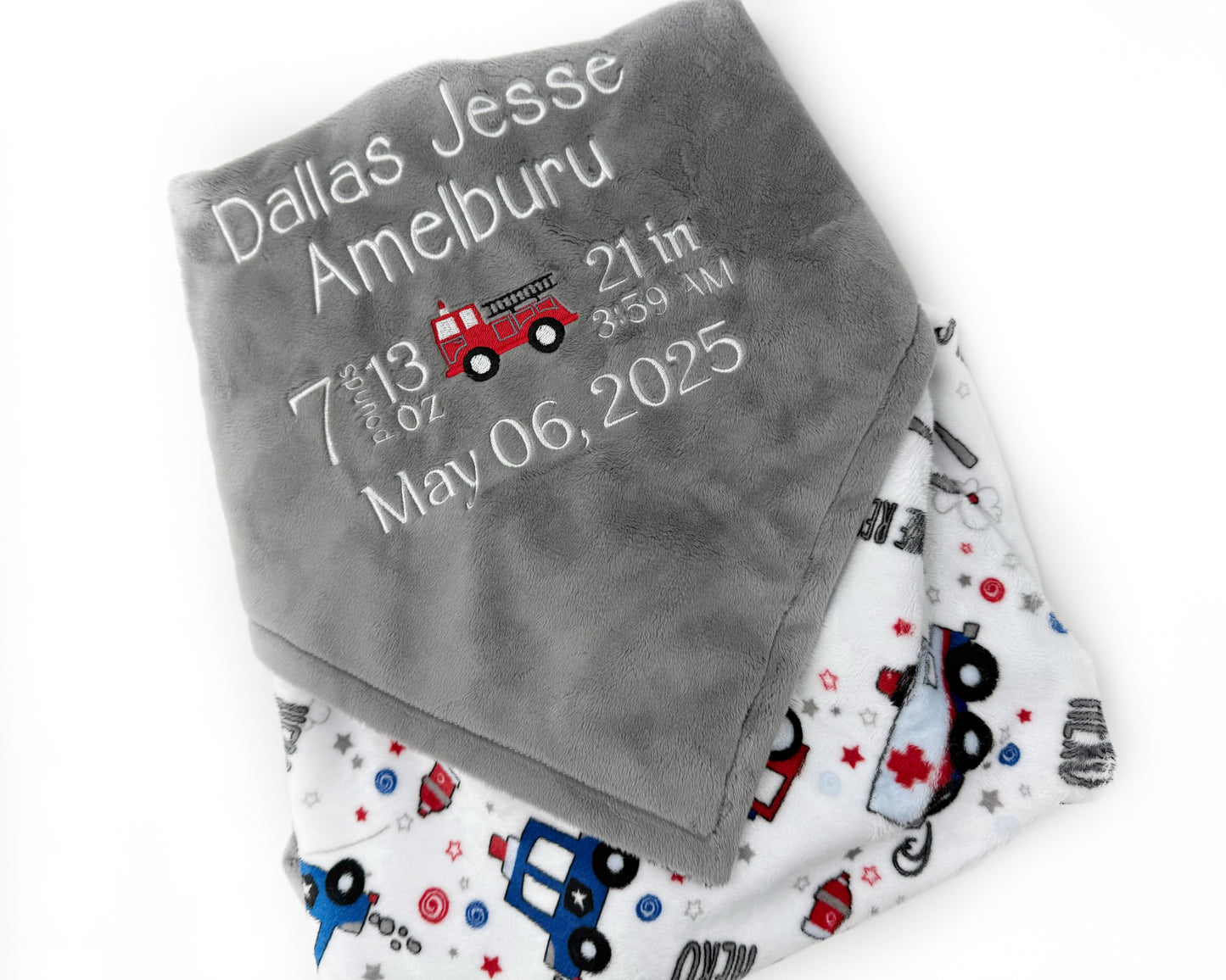 Personalized Baby Gray Fire Truck Blanket, Baby Birth Stats, Fire Trucks, Police Cars, Keepsake Baby Gift