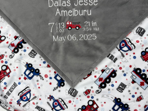 Personalized Baby Gray Fire Truck Blanket, Baby Birth Stats, Fire Trucks, Police Cars, Keepsake Baby Gift