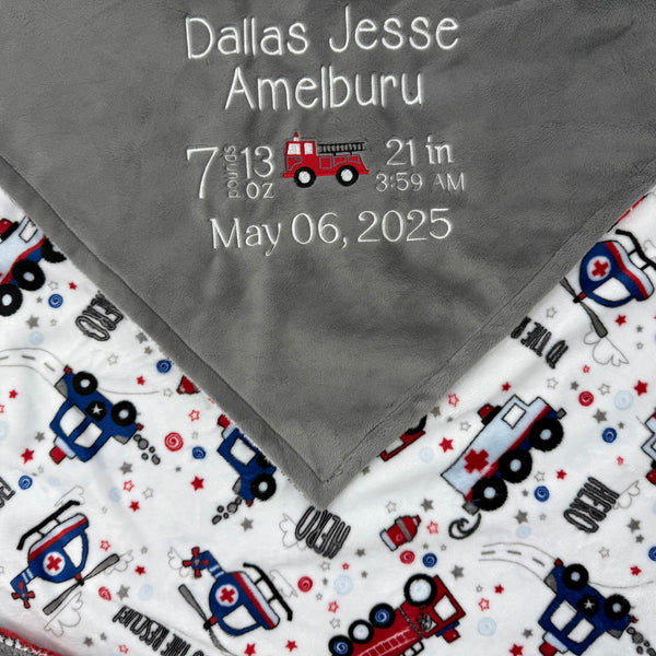 Personalized Baby Gray Fire Truck Blanket, Baby Birth Stats, Fire Trucks, Police Cars, Keepsake Baby Gift