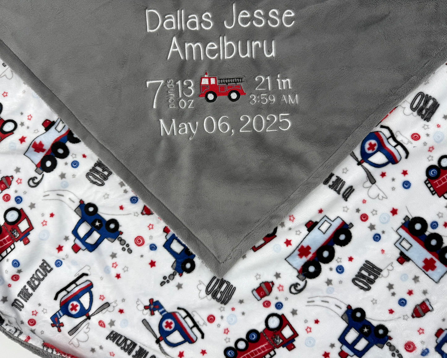 Personalized Baby Gray Fire Truck Blanket, Baby Birth Stats, Fire Trucks, Police Cars, Keepsake Baby Gift
