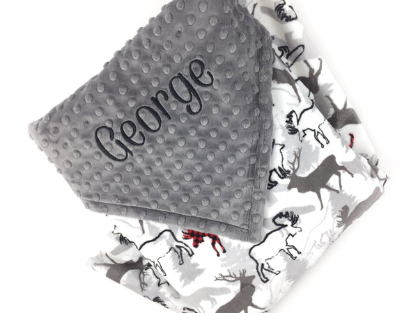 Personalized Minky Baby Blanket, Gray and Red Deer Moose and Bear Design, Newborn Baby Boy Gift, Baby Shower Gift, Blanket with Name