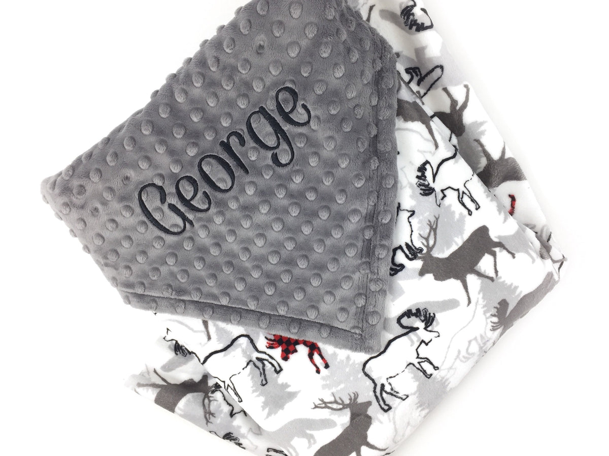 Personalized Minky Baby Blanket, Gray and Red Deer Moose and Bear Design, Newborn Baby Boy Gift, Baby Shower Gift, Blanket with Name