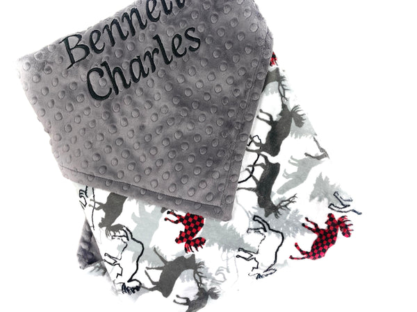 Personalized Minky Baby Blanket, Gray and Red Deer Moose and Bear Design, Newborn Baby Boy Gift, Baby Shower Gift, Blanket with Name
