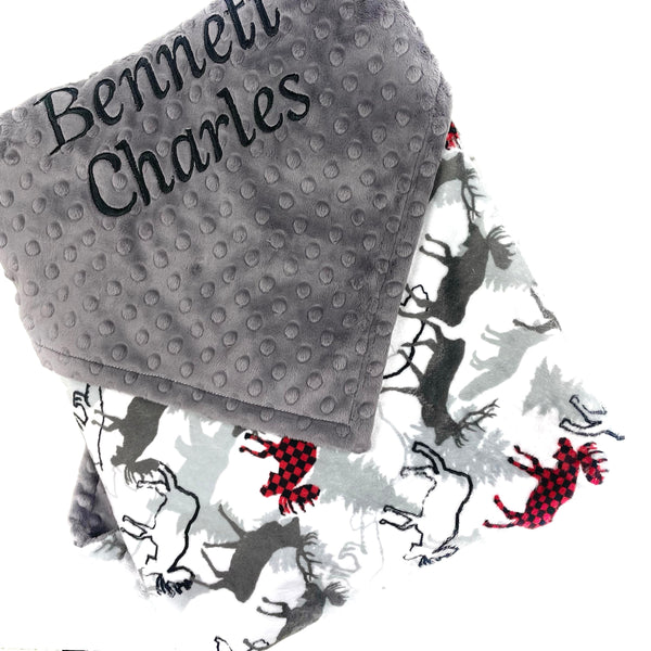 Personalized Minky Baby Blanket, Gray and Red Deer Moose and Bear Design, Newborn Baby Boy Gift, Baby Shower Gift, Blanket with Name
