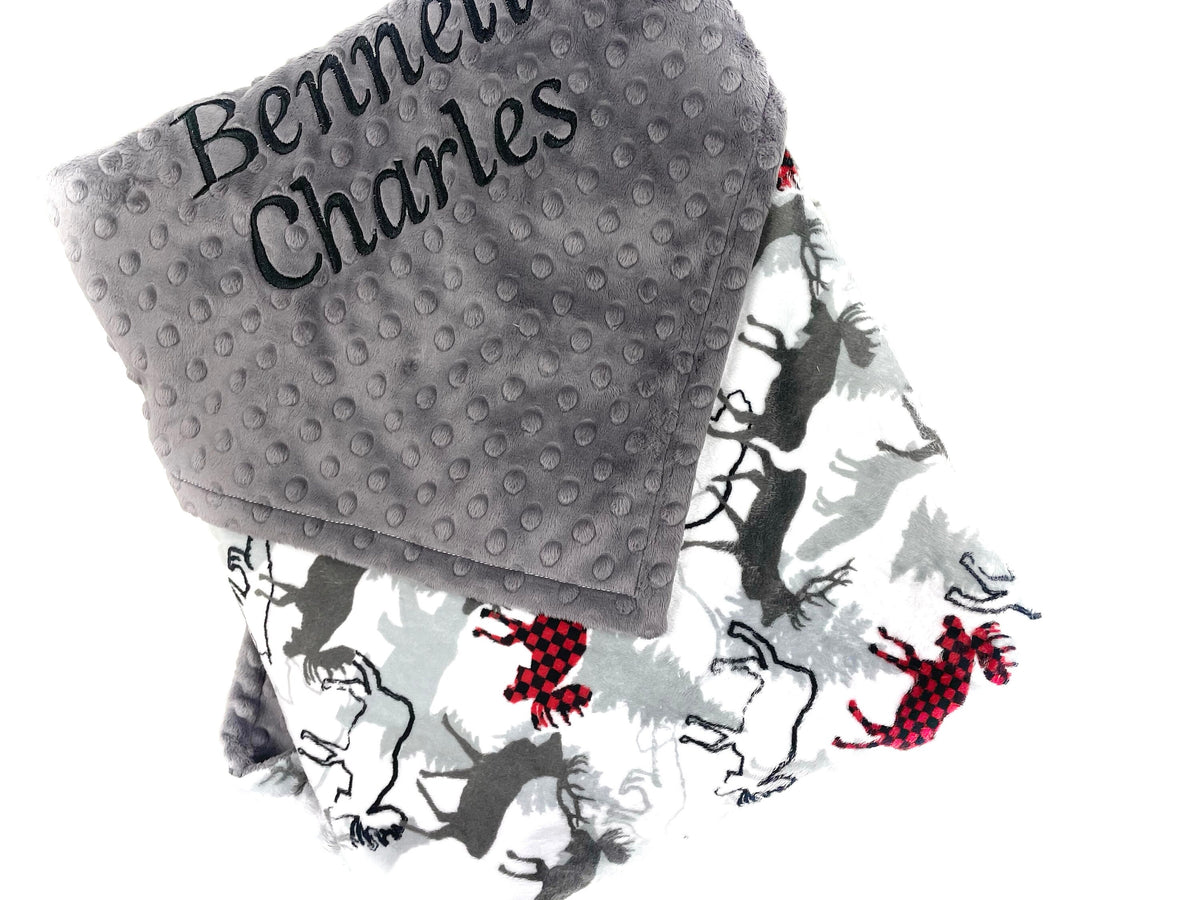Personalized Minky Baby Blanket, Gray and Red Deer Moose and Bear Design, Newborn Baby Boy Gift, Baby Shower Gift, Blanket with Name