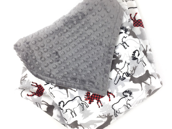 Personalized Minky Baby Blanket, Gray and Red Deer Moose and Bear Design, Newborn Baby Boy Gift, Baby Shower Gift, Blanket with Name