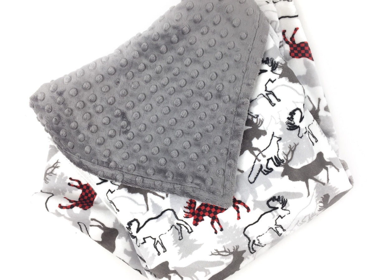 Personalized Minky Baby Blanket, Gray and Red Deer Moose and Bear Design, Newborn Baby Boy Gift, Baby Shower Gift, Blanket with Name