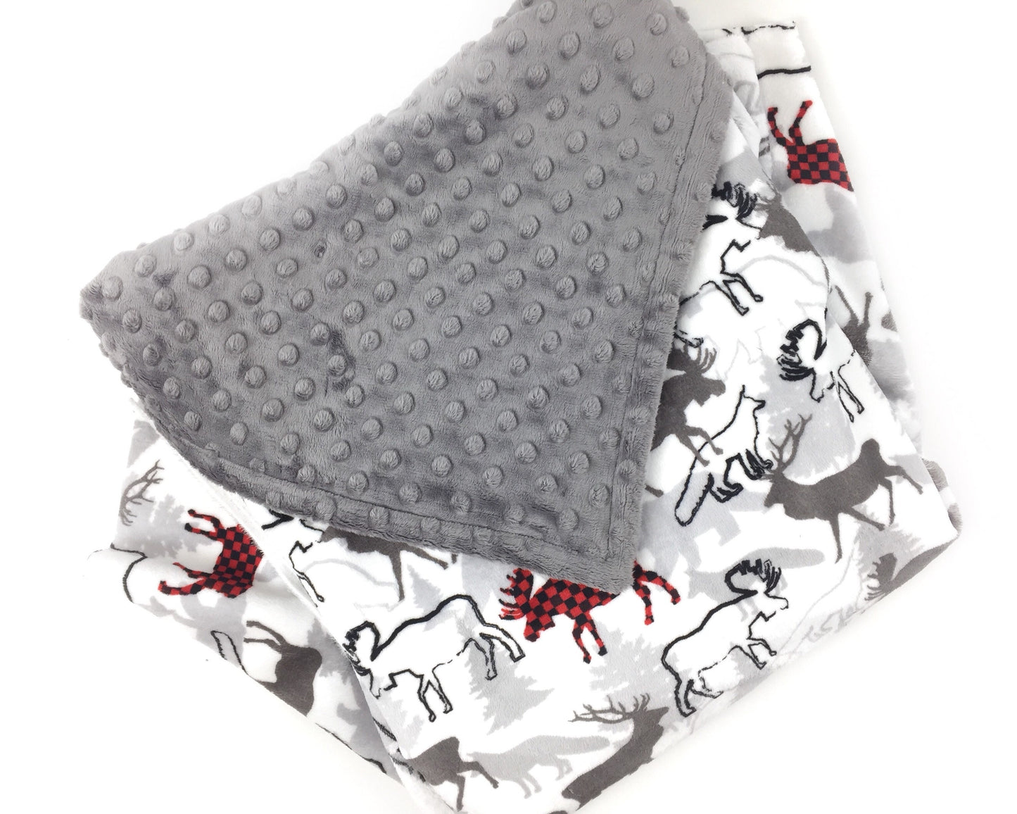 Personalized Minky Baby Blanket, Gray and Red Deer Moose and Bear Design, Newborn Baby Boy Gift, Baby Shower Gift, Blanket with Name
