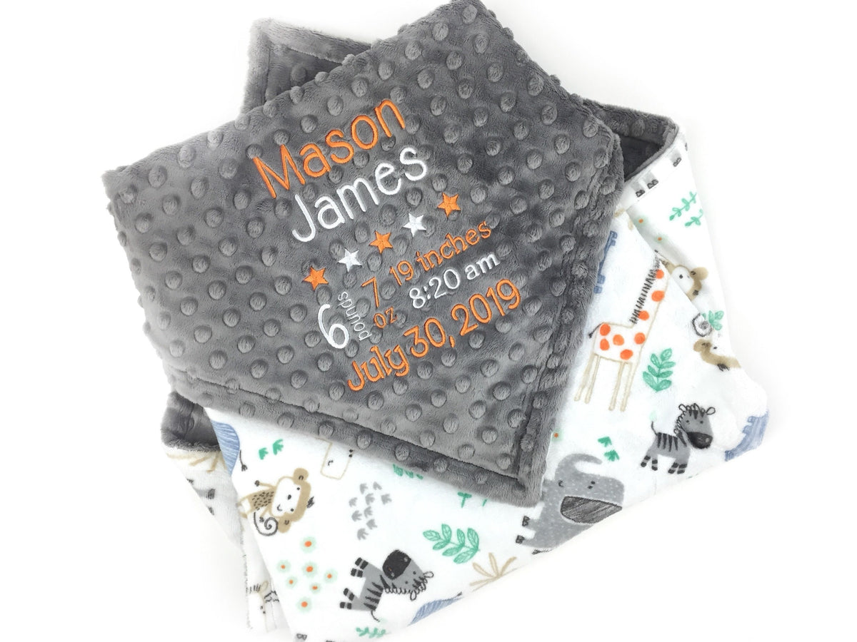 Personalized Minky Baby Blanket, Gray Zoo Animals, Embroidered Birth Stats and Lion, Baby Gift for Boys, Personalized Baby Gift