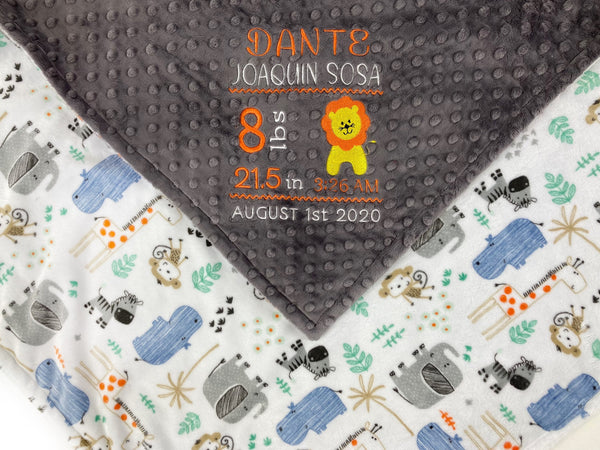 Personalized Minky Baby Blanket, Gray Zoo Animals, Embroidered Birth Stats and Lion, Baby Gift for Boys, Personalized Baby Gift