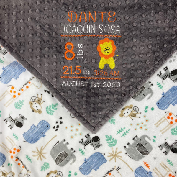 Personalized Minky Baby Blanket, Gray Zoo Animals, Embroidered Birth Stats and Lion, Baby Gift for Boys, Personalized Baby Gift