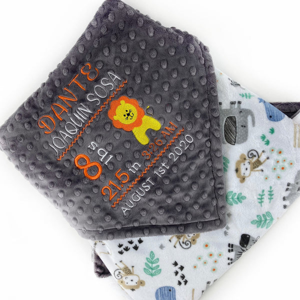 Personalized Minky Baby Blanket, Gray Zoo Animals, Embroidered Birth Stats and Lion, Baby Gift for Boys, Personalized Baby Gift