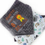 Personalized Minky Baby Blanket, Gray Zoo Animals, Embroidered Birth Stats and Lion, Baby Gift for Boys, Personalized Baby Gift