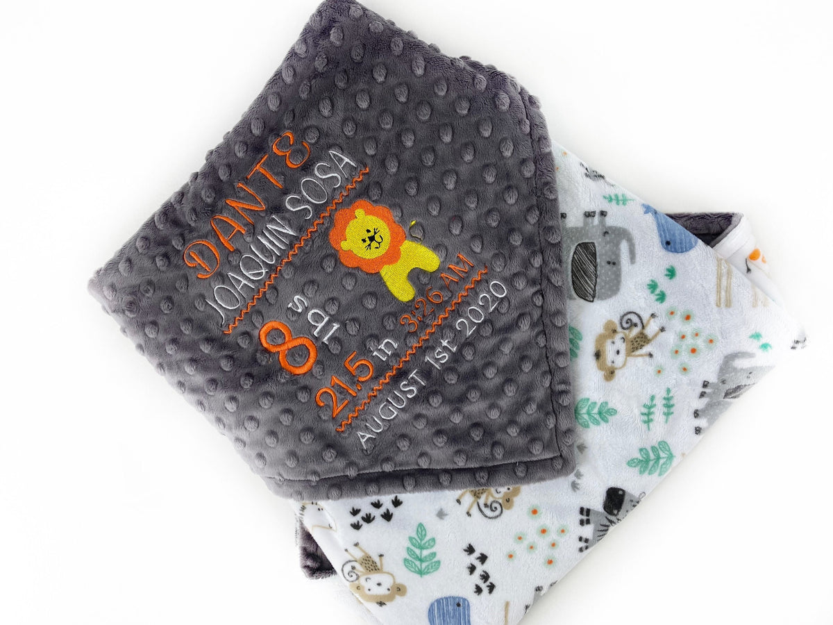 Personalized Minky Baby Blanket, Gray Zoo Animals, Embroidered Birth Stats and Lion, Baby Gift for Boys, Personalized Baby Gift