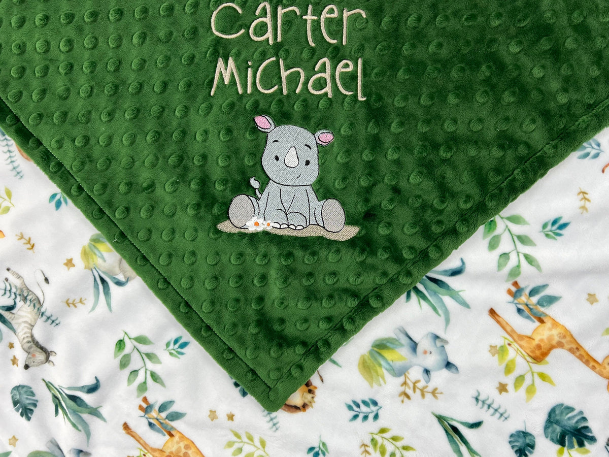 Personalized Minky Blanket, Baby Safari Animals, Embroidered Name and Rhinoceros