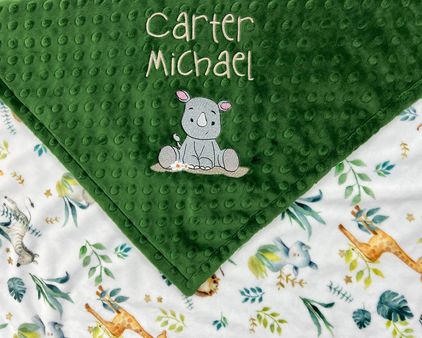 Personalized Minky Blanket, Baby Safari Animals, Embroidered Name and Rhinoceros